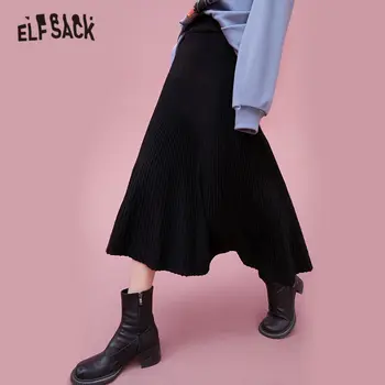 ELFSACK Negru Solidă Talie Mare Casual Tricot Plisata Midi Fuste Femei,2020 Toamna ELF Epocă Pur coreean Doamnelor Jos de zi cu Zi