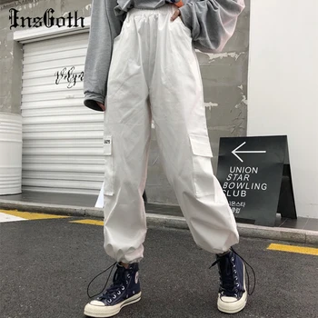 InsGoth Streetwear Punk Pantaloni Femei Gotic Harajuku Alb-Negru De Înaltă Talie Pantaloni Casual Pantaloni Lungi Cu Buzunare