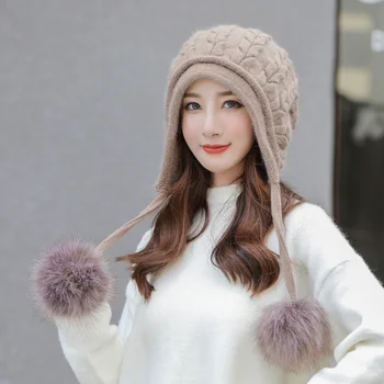Iarna Beanie Hat Pentru Femei Cald Blana De Iepure Cu Tricot Slouchy Beanie Palarie Doamnelor Faux Blana Pălăria De Iarna Pentru Femeie Pac 2020 Nou
