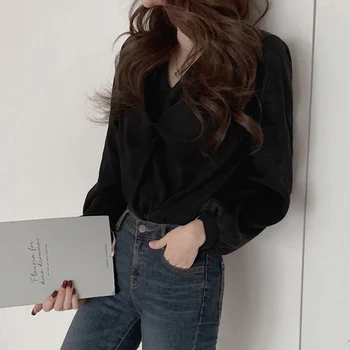 Moda Coreeană Femei Negru/Albastru Bluza De Toamna V-Neck Maneca Lunga Tricouri Femei Vintage Liber Poftă De Mâncare Topuri Casual Nou 2020