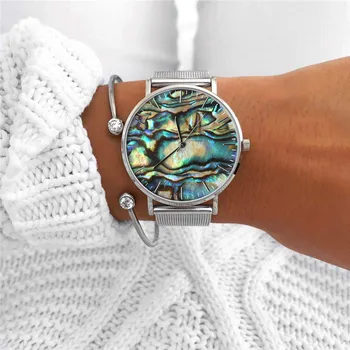 Mavis Hare Ocean Seria Real Abalone-Culoare Argintie Ceasuri Femei Ceasuri cu Cristal Manșetă Inima Brățară Brățară cadou