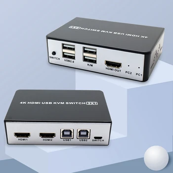 HDMI USB KVM SWITCH Suport de Taste de Comutare,4K/60Hz Comutator KVM 2 in 1 pentru Partajare Imprimantă, Tastatură, Mouse-ul
