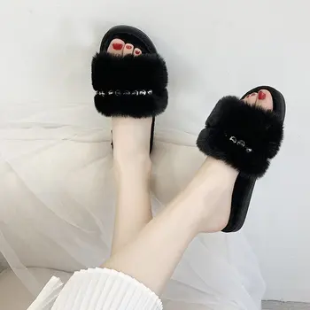 Femei Papuci Plat 2020 Moda Blană Tobogane Cu Pietre Doamnelor Cu Blană Diapozitive Pantofi Size41 Rapid De Transport Maritim