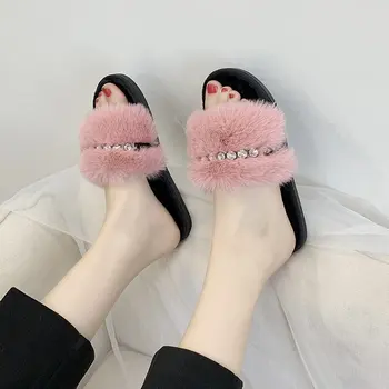 Femei Papuci Plat 2020 Moda Blană Tobogane Cu Pietre Doamnelor Cu Blană Diapozitive Pantofi Size41 Rapid De Transport Maritim