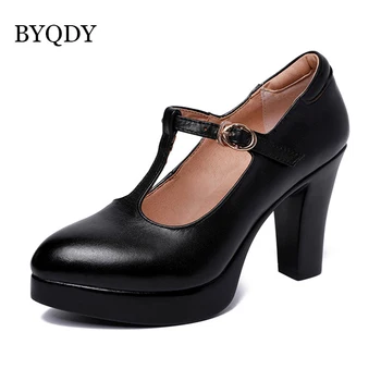 BYQDY Moda Office Lady Pantofi cu Toc din Piele PU Rotund Toe Pantofi Platforma T-Strap Copita Tocuri Pompe de Pantofi, Plus 42 De Petrecere