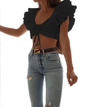Hirigin Nou Sexy Volane Zbura Maneca Culturilor Topuri pentru Femei de Vara de Culoare Solidă V-Neck Lace-up Bandeau Topuri Chic Femeie T-Shirt