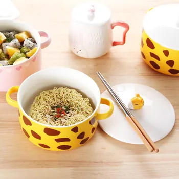 Korean-Style Drăguț Animale Desene Animate Ceramice Cutie De Prânz Cu Microunde Ovenl Tăiței Instant Cupa Castron Dublu Dublu-Ureche Tacamuri Consumabile