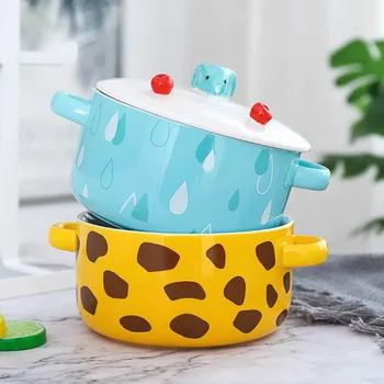 Korean-Style Drăguț Animale Desene Animate Ceramice Cutie De Prânz Cu Microunde Ovenl Tăiței Instant Cupa Castron Dublu Dublu-Ureche Tacamuri Consumabile