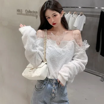 Elegant Dantela Tricouri Femei Casual Slash Gât Bluza si Topuri Femei Maneca Lunga Retro 2021 Primăvară Stil coreean Tricou Femei Elegante