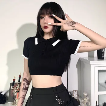 Sexy Bodycon Femei Vara Culturilor Topuri Casual Negru Buton Fir Femeie T-shirt Harajuku coreean Y2k E-fete Haine 2020
