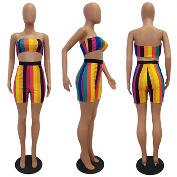 Adogirl Rainbow Stripe Set De Două Piese De Vara Femei Costum Sexy Strapless Culturilor Sus De Talie Mare De Fitness, Pantaloni Scurți Femei Trening Tinuta