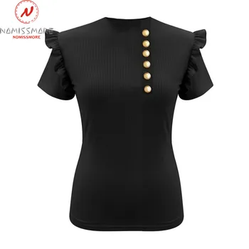 Elegante Femei Solide De Culoare Tricouri Single-Breasted Design Volane Decor O-Gat Maneci Scurte De Vară Slim Pulovere Top
