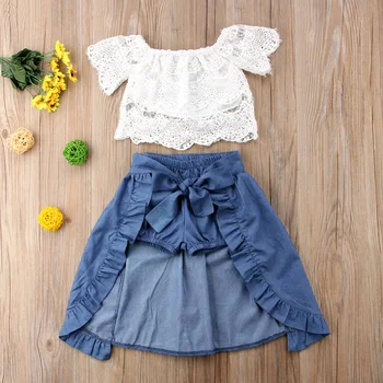 3PCS Moda Drăguț Printesa Copilul Fete Seturi Pe Umăr Dantelă Florale Alb T-Shirt, Blaturi Albastru Denim pantaloni Scurți Glezna-Lungime Rochie