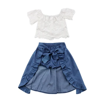 3PCS Moda Drăguț Printesa Copilul Fete Seturi Pe Umăr Dantelă Florale Alb T-Shirt, Blaturi Albastru Denim pantaloni Scurți Glezna-Lungime Rochie