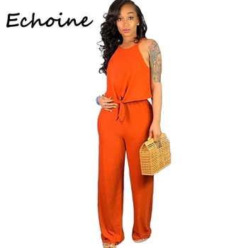 Echoine 2 Bucata Set Femei Fata Cravată Fără Mâneci Culturilor Top + Pantaloni Lungi Largi Solide De Culoare Portocalie Femei Haine 2019 Utilaje