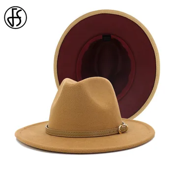 FS Cămilă Vin Rosu Mozaic Lână Simțit Pălării Fedora Cu Catarama Femei Margine Largă Panama Trilby Cowboy Jazz Capac de pariuri Pălărie