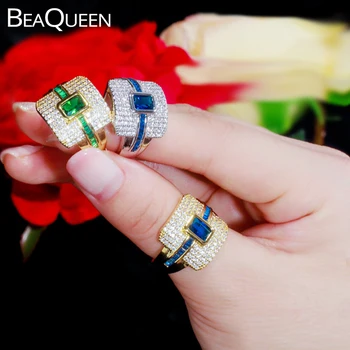 BeaQueen Designer De Lux Monaco, Dubai Aur Galben De Culoare Pătrat Mare, Albastru, Verde, Verighete Inele De Logodna Bijuterii Femei R099