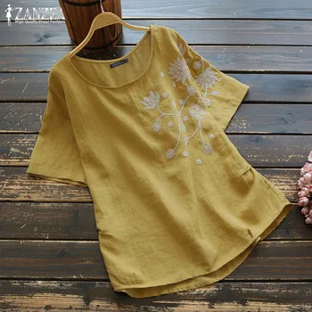 2021 ZANZEA Vara Broderii Vintage Bluza Femei cu Maneci Scurte Lenjerie de pat din Bumbac Tricouri Femei O de Gât Blusas Chemis S-5XL Tunica Topuri