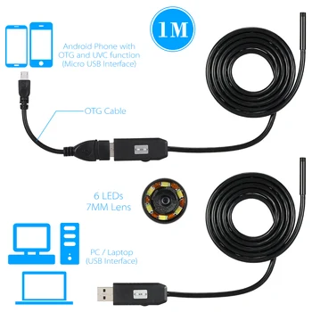 OWSOO 1/2/3/5M 7mm Lentile Camera Endoscop USB rezistent la apa Sârmă Șarpe Tub de Inspecție Puncte Pentru OTG Compatibil cu Telefoane Android