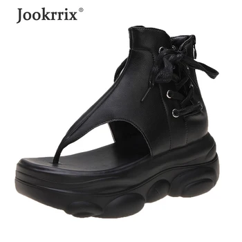 Jookrrix 2020 Femei de Vara pentru Femei din Piele Pu Sandale Pentru Femei Confortabil Crescut Pene Groase Pantofi Negru ZS2484