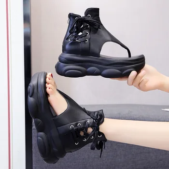 Jookrrix 2020 Femei de Vara pentru Femei din Piele Pu Sandale Pentru Femei Confortabil Crescut Pene Groase Pantofi Negru ZS2484