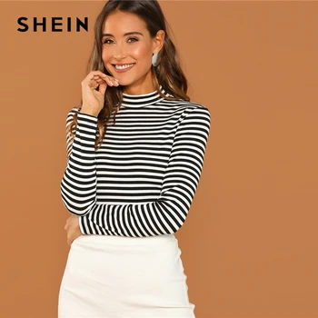 SHEIN Moderne Doamna în Alb și Negru se potrivesc Slim Fit guler pe Gât cu Dungi Rib Knit T-shirt 2018 Toamna Campus Tricou Femei Top