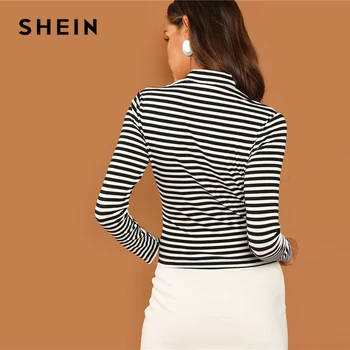 SHEIN Moderne Doamna în Alb și Negru se potrivesc Slim Fit guler pe Gât cu Dungi Rib Knit T-shirt 2018 Toamna Campus Tricou Femei Top