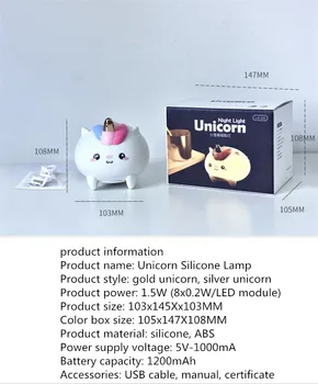 Unicorn Drăguț LED Lumina de Noapte din Silicon Moale Touch Senzor de Lumina de Noapte pentru Copii Dormitor Copii Reîncărcabilă de Control de la Robinet Noapte cu Led