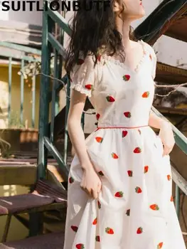 Calitate Perfectă De Vara Din Bumbac Pentru Femei Rochie Sukienki E Fata De Căpșuni De Epocă Partid Rochie Lungă, Albă, Imperiul Lolita Vadim Vestidos