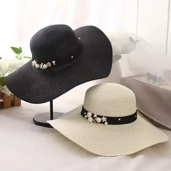 Vara pălărie de paie pentru femei big margine largă plajă pălărie pălărie de soare pliabila bloc de soare protectie UV pearl pălărie panama os chapeu feminino