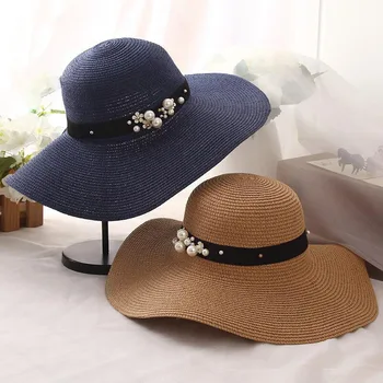 Vara pălărie de paie pentru femei big margine largă plajă pălărie pălărie de soare pliabila bloc de soare protectie UV pearl pălărie panama os chapeu feminino