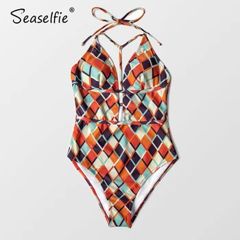 SEASELFIE Imprimare Geometrice Adânc V-Gât Ștreangul de-O Bucată de costume de Baie Femei Sexy Taie Monokini 2021 Plaja Costum de Baie, Costume de baie