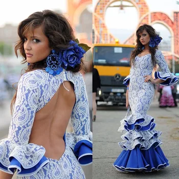 Rochii Flamenco Flare Sleeve Vestido de festa Mermaid Rochie Formale Etaj Lungime fara Spate Volane de Dantela Aplicatiile Rochii Dans