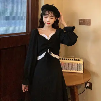 Femei rochie Neagra Eleganta 2020 Toamna Design Vintage Lace Flare Sleeve Midi Imperiu V-Gât adânc Primăvară Plus Dimensiune Dulce O-Linie vestido