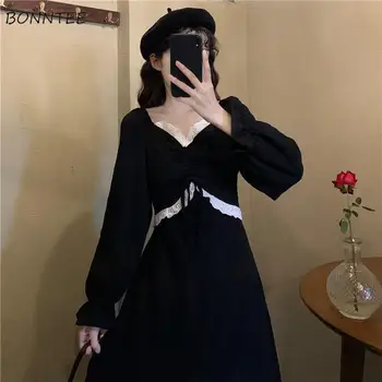 Femei rochie Neagra Eleganta 2020 Toamna Design Vintage Lace Flare Sleeve Midi Imperiu V-Gât adânc Primăvară Plus Dimensiune Dulce O-Linie vestido