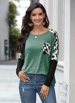 Femei T-shirt Toamna Leopard de Imprimare Mozaic de Buzunar Maneca Lunga O de Gât Liber Casual Tee Topuri 2020 Elegant, Moda Femei T-shirt