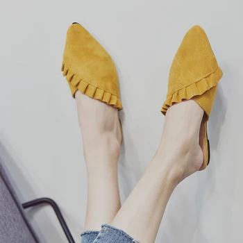 Noi 2018 a Subliniat Toe Femei Catâri Piele de Căprioară Pantofi Plat pentru Femei Plisata pentru Femei Pantofi de Vara apartamente Mujer Q254