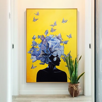 Nordic Abstract Fata cu Fluture Panza Pictura Galben Albastru Postere și de Imprimare Arta de Perete Imagine Cuadros Decor Acasă