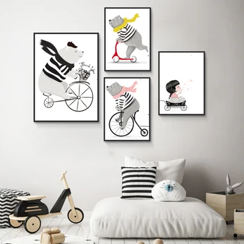 SURELIFE de Desene animate Joc Ursul pe Bicicleta Pepinieră de Perete de Arta, Printuri Canvas Tablouri Poze Poster Cadou Camera Copii Acasă Decorative