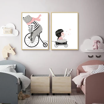 SURELIFE de Desene animate Joc Ursul pe Bicicleta Pepinieră de Perete de Arta, Printuri Canvas Tablouri Poze Poster Cadou Camera Copii Acasă Decorative