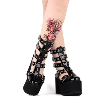 Lolita Gotic Toc Inalt Platforma Pantofi Pentru Femei De Vară Mare Sus Cizme Sandale Casual, Negre Punk Cosplay Sandal Boot Plus Dimensiune