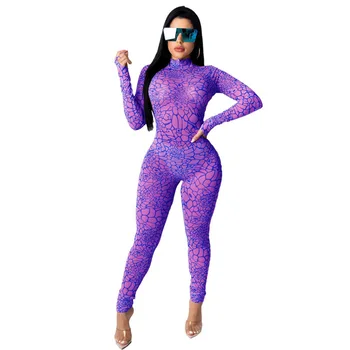 2020 Toamna Femei bodycon Imprimare Costume Sexy de Club de Noapte de Petrecere Purta Vedea Prin Guler cu Maneci Lungi Skinny Utilaje