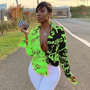 2019 Contrast de culoare Graffiti Imprimat cu Maneci lungi de Sus Bluza Pentru Femei Casual Street Purta Cămașă de Moda
