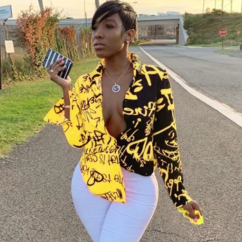 2019 Contrast de culoare Graffiti Imprimat cu Maneci lungi de Sus Bluza Pentru Femei Casual Street Purta Cămașă de Moda