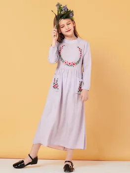 Sudoarea Fete Musulmane Rochie Floral Buzunare Roz Marocan Rochii Copii Copii Kimono Haine Islamice Dubai-linie Vestido Caftan