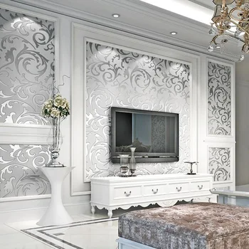 Silver 3D Damasc Relief Tapet PVC Rola Home Decor Camera de zi Dormitor Acoperiri de Perete Argint Florale de Lux, Hârtie de Perete