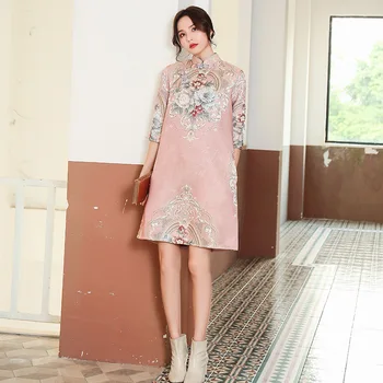 Brocart De Toamnă Satin Mandarin Guler Qipao Tradițională Chineză Femei Pe Jumătate Maneca Rochie Mini Sexy-Linie Vrac Cheongsam