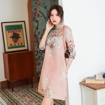 Brocart De Toamnă Satin Mandarin Guler Qipao Tradițională Chineză Femei Pe Jumătate Maneca Rochie Mini Sexy-Linie Vrac Cheongsam