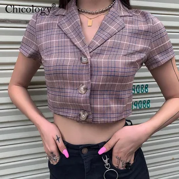 Chicology butonul carouri doamna bluza femei kpop haine 2019 vara feminin sexy streetwear maneca scurta casual culturilor sus