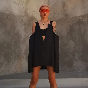 GetSpring Femei Blazer Neregulate Doamnelor Negru Blazer Coat de Pe Umăr pentru Femei Sacou Lung Liber Blazer Jacheta Toamna anului 2020